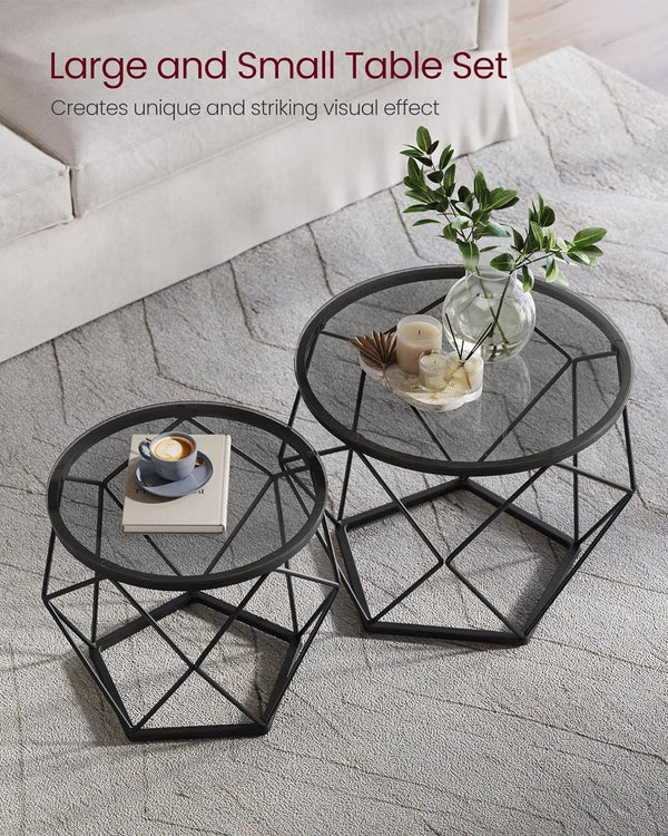 VASAGLE Set de 2 mese de cafea rotunde, cadru otel si blat detasabil din sticla, 40cm si 50cm, negru