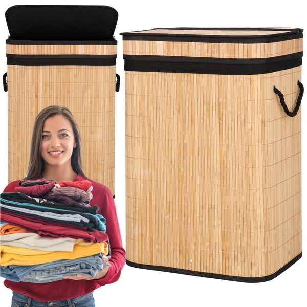 Cos de rufe din bambus cu capac, sac detasabil, volum 72L, 42x33x60cm, maro