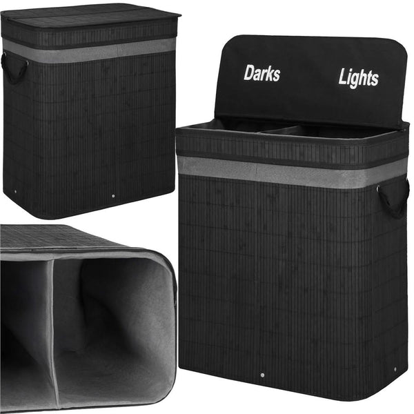 Cos de rufe din bambus cu capac, 2 compartimente, sac detasabil, volum 100L, 54x35x60cm, negru