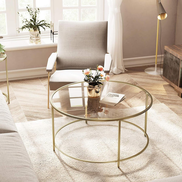 VASAGLE Masa de cafea rotunda, din sticla securizata cu cadru metalic, 84x84x45cm, auriu