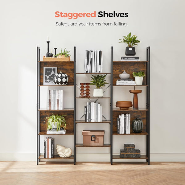 VASAGLE Biblioteca cu 14 rafturi din lemn, cadru metalic, 24x158x166cm, stil industrial, maro rustic si negru