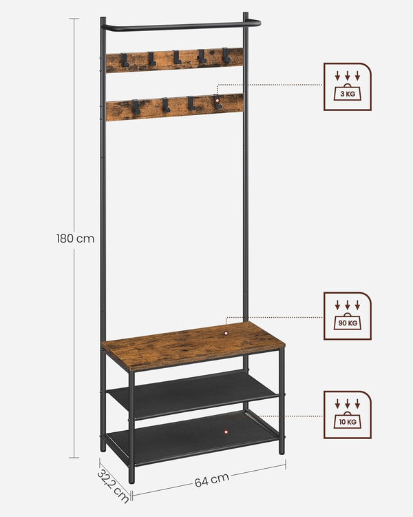 VASAGLE Cuier cu rafturi depozitare pantofi si ​​bara suspendata, industrial, 32x64x180 cm, maro rustic si negru