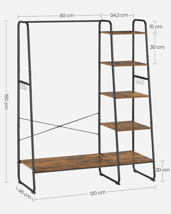 VASAGLE Raft pentru haine cu suport pentru pantofi, 5 polite, 6 carlige laterale, 45x120x160cm, maro rustic si negru