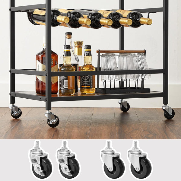 VASAGLE Carucior de servire pe roti, cu suport pentru sticle si pahare de vin, 40x60x82cm, Industrial, Vintage Maro/Negru