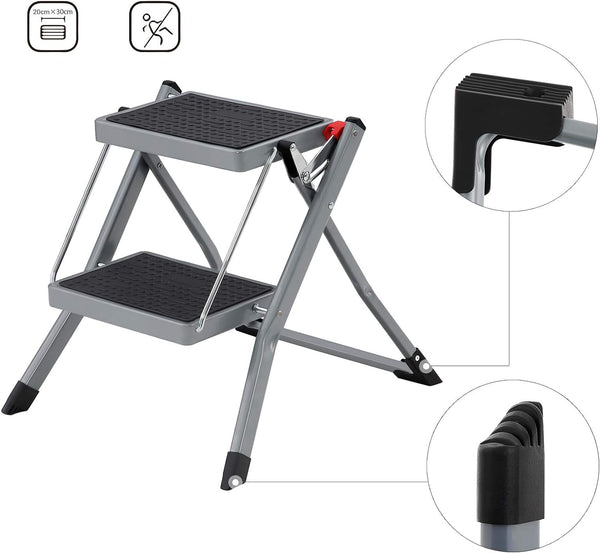 SONGMICS Scara pliabila cu 2 trepte, cauciuc antiderapant, cu maner, sarcina 150 kg, otel, 50x60x44cm, gri si negru