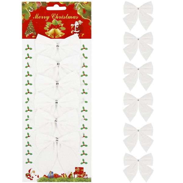 Set 6 ornamente pentru bradul de Craciun, fundita, 8cm, alb