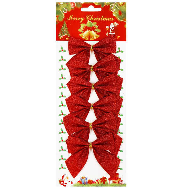 Set 6 ornamente pentru bradul de Craciun, fundita, 8cm, rosu cu sclipici