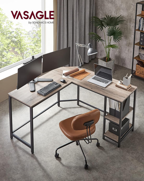 VASAGLE Birou de colt in forma de L, cu 2 rafturi de depozitare, 138x138x75cm, industrial, gri si negru