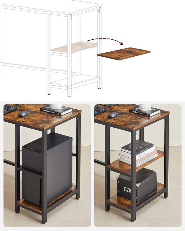 VASAGLE Birou de colt in forma de L, cu 2 rafturi de depozitare, 138x138x75cm, industrial, maro rustic si negru