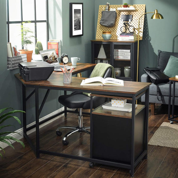 VASAGLE Birou de colt in forma de L, cadru din otel, 149x149x75cm, industrial, maro rustic si negru