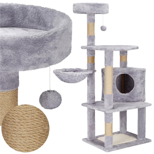 Ansamblu de joaca pentru pisici, cu loc pentru zgariat, ascuns, culcus, minge, 124cm, gri