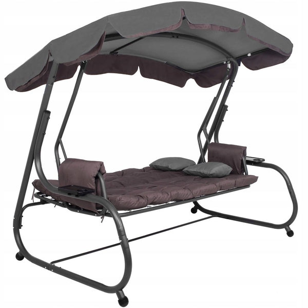 Balansoar gradina 226x126x192 cm, 3 in 1 leagan, pat si relaxare, cu plasa anti-insecte, copertina reglabila, saltea si perne incluse, gri si maro