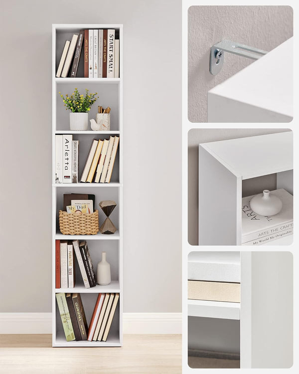 VASAGLE Biblioteca verticala 40x24x179 cm, 6 rafturi din care 4 reglabile, PAL alb mat