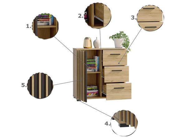Comoda Montana 80 cu 3 sertare si 1 usa, 81x37x80 cm, negru si stejar craft