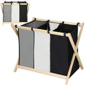 Cos de rufe cu 3 compartimente, cadru din lemn, 67x42x57 cm, 105 litri