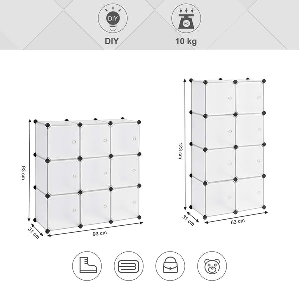 SONGMICS Organizator modular 93x31x93 cm, 9 cuburi cu usi, plastic si cadru metalic, alb