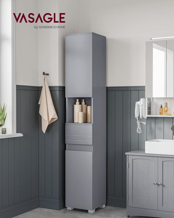 VASAGLE Dulap inalt 30x30x170 cm, cu sertar, rafturi reglabile si usi reversibile, MDF, gri
