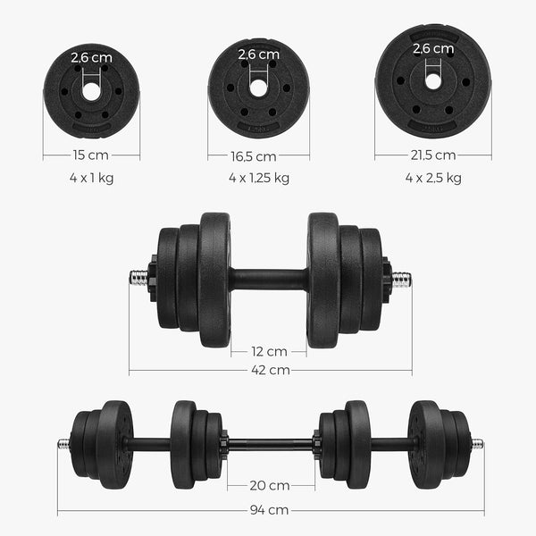 SONGMICS set gantere reglabile 2 in 1, 20 kg, cu bara extensie pentru haltera, discuri cu umplutura beton, negru