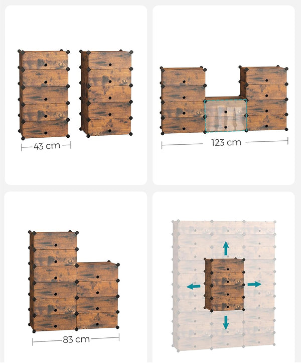 SONGMICS Etajera pantofi 43x31x173 cm, 10 compartimente modulare, usa frontala, maro rustic