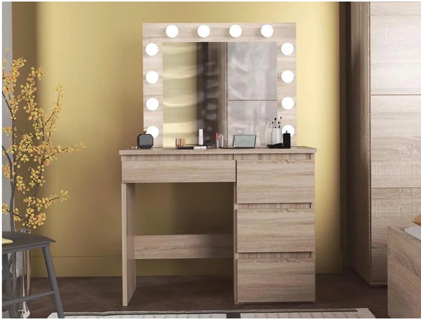 Masa de toaleta si machiaj Hollywood cu oglinda LED si 4 sertare, 94x43x140 cm, stejar