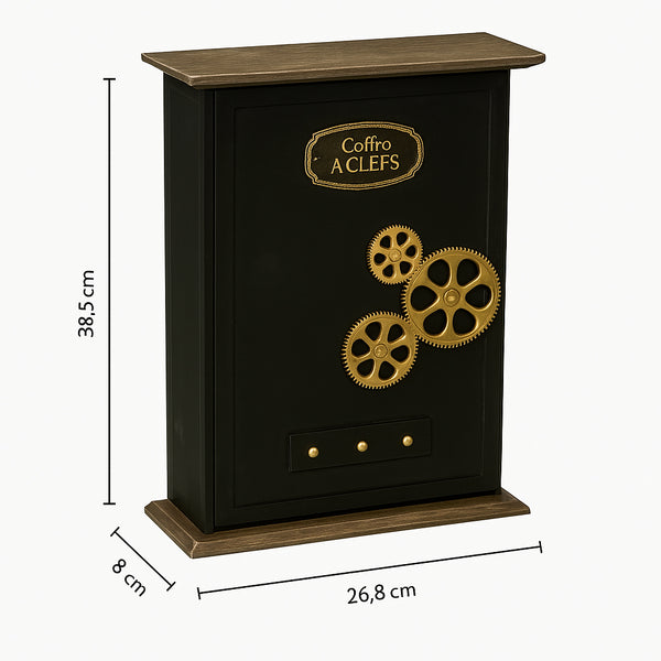 Cutie chei Atmosphera Nikolai cu 9 carlige, MDF si decor vintage seif, 27x38 cm, negru