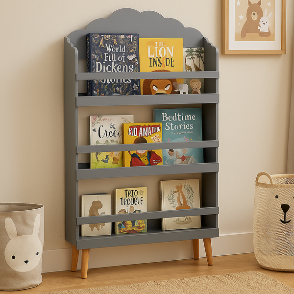 Biblioteca copii Atmosphera Nuage din MDF cu 3 rafturi si picioare din lemn, 58x100 cm, gri