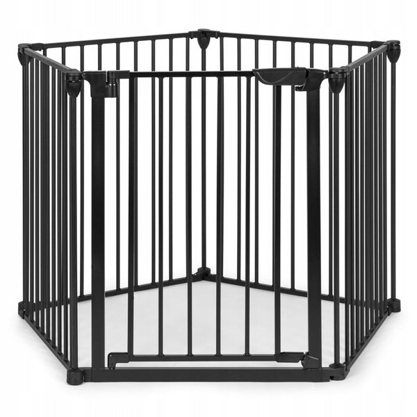Bariera de siguranta pliabila 300x74 cm, 5 panouri si poarta cu blocare automata, metal si plastic, neagra