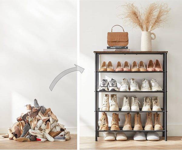 VASAGLE Suport pantofi 75x30x91 cm, 5 niveluri, rafturi textile si blat PAL, cadru metalic, maro rustic si negru