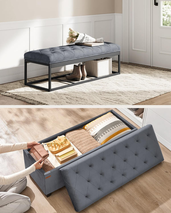 SONGMICS Banca cu spatiu de depozitare 110x40x40 cm, 103 litri, tapitata cu catifea, MDF si spuma, gri