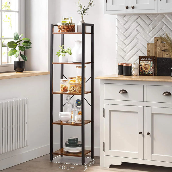 VASAGLE Raft cu 5 etaje, tip biblioteca, cadru metal si polite lemn, 40x30x153cm, industrial, maro rustic si negru