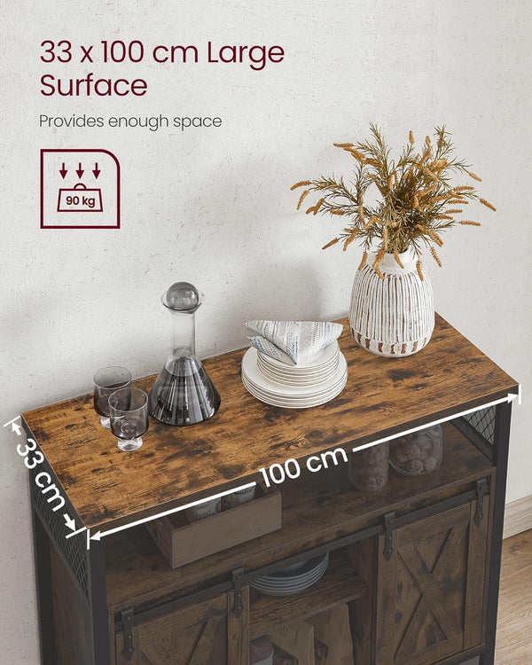 VASAGLE Comoda pentru living sau bucatarie, cu 2 usi glisante, rafturi reglabile, stil rustic, 33x100x80cm, maro si negru