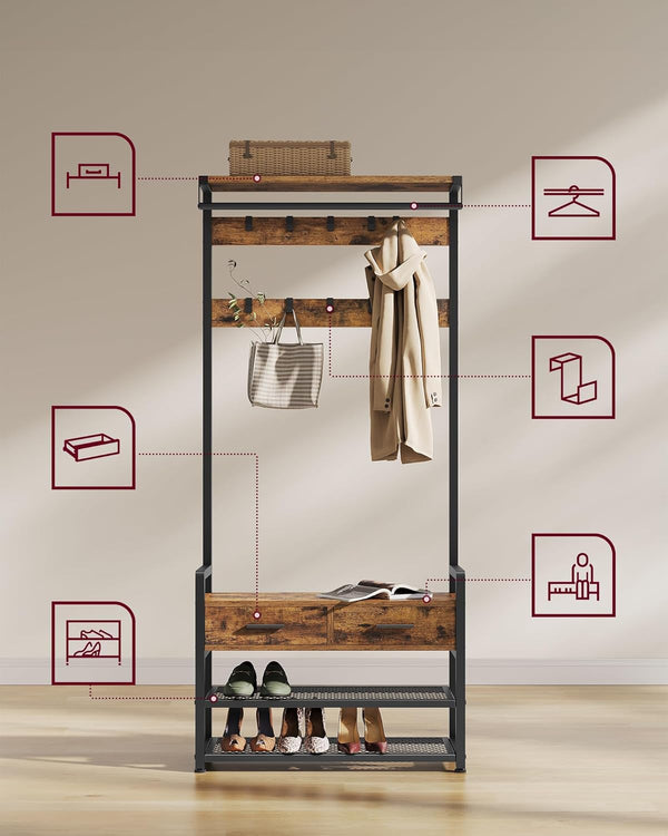 VASAGLE Cuier cu polite de depozitare pantofi si 2 sertare, cadru din otel, stil industrial, 30x80x182cm, maro rustic