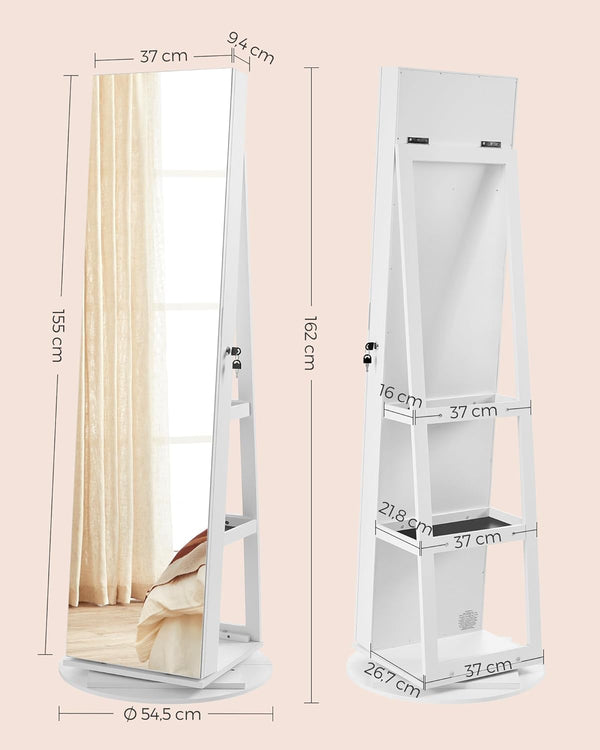 SONGMICS Oglinda de podea cu suport rotativ la 360°, cu spatiu de depozitare, 55x55x162 cm, alb cenusiu