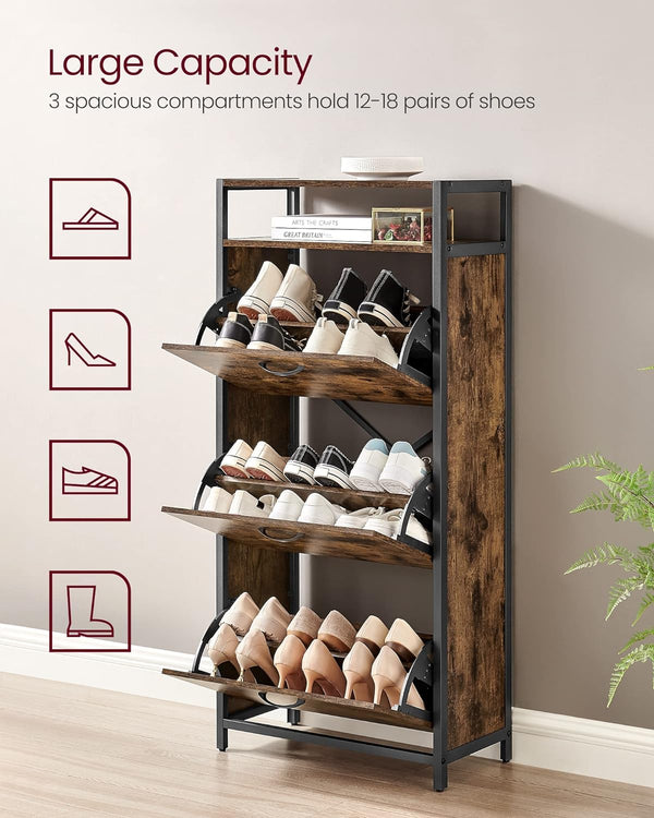 VASAGLE Dulap pentru pantofi cu 3 usi rabatabile, despartitoare interioare, pentru 15-18 perechi, 60x30x130cm, maro rusic si negru