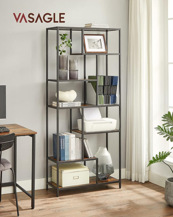 VASAGLE Biblioteca cu forma geometrica, pe 6 nivele, stil industrial, 30x80x180cm, maro rustic si negru