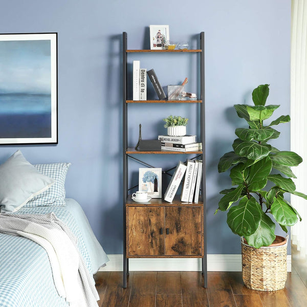 VASAGLE Biblioteca tip scara, cu dulap si 4 rafturi din MDF, stil industrial, 34x56x172cm, maro rustic si negru