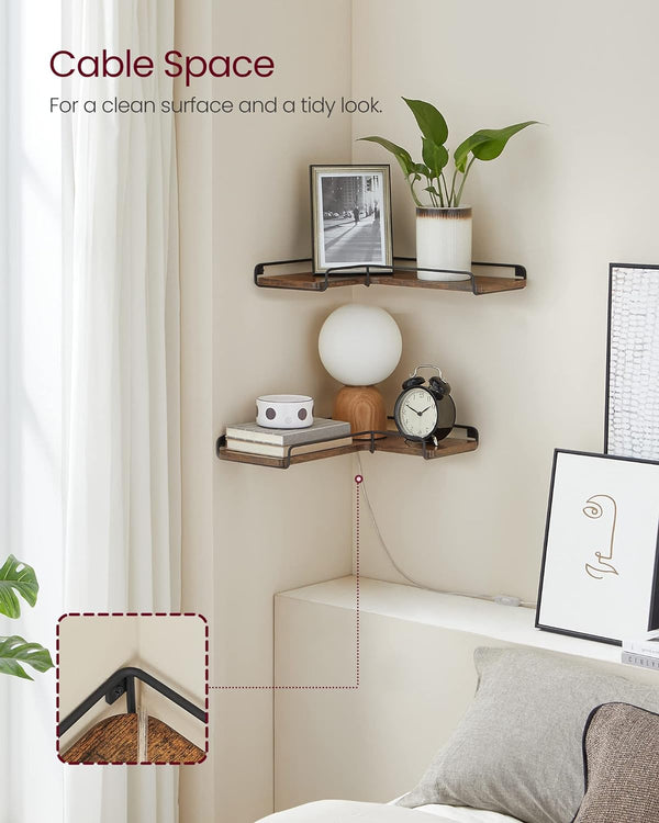 VASAGLE Set de 2 rafturi plutitoare de colt in forma de L, stil industrial, 40x29x14cm, maro rustic și negru