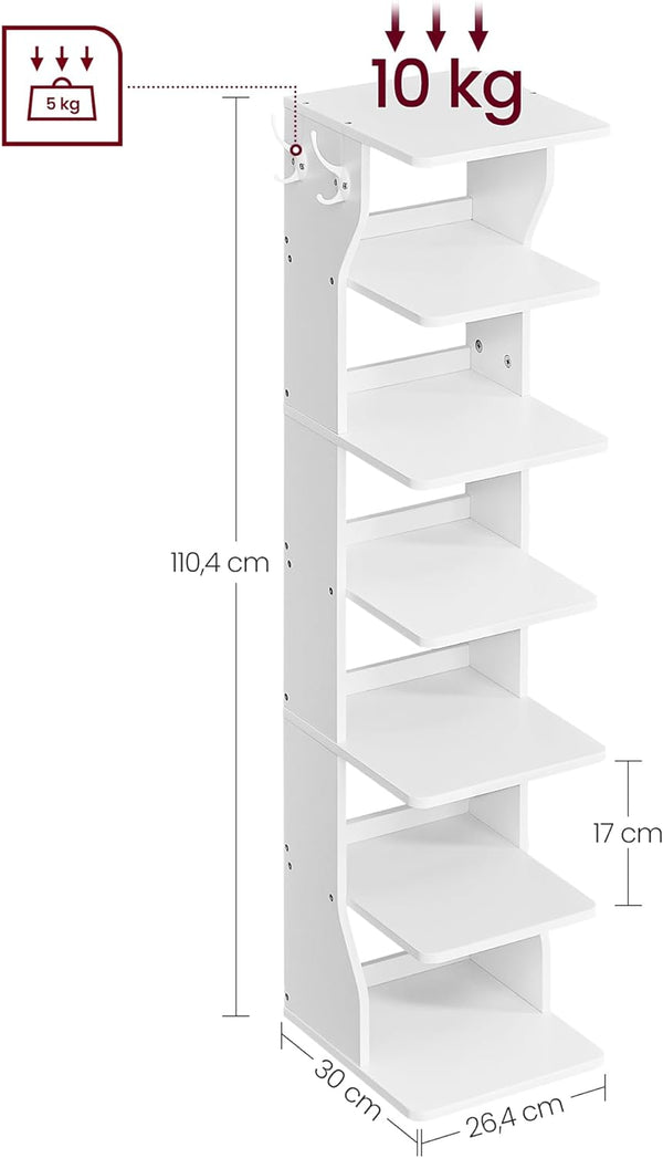 VASAGLE Raft de pantofi, pentru spatii inguste, 6 nivele, 30x26x110 cm, alb
