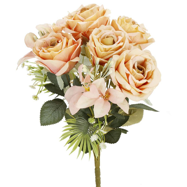Buchet de flori artificiale din poliester, 9 fire trandafiri, 40cm, roz