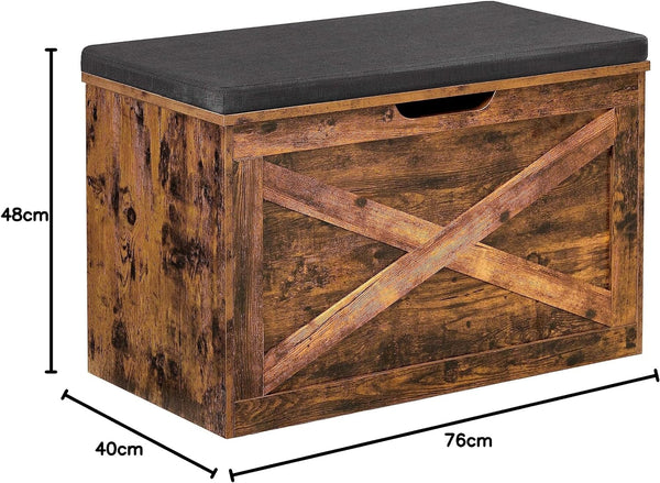 VASAGLE Banca pentru pantofi cu perna, tip cufar de depozitare, stil hambar, 76x40x48cm, maro rustic