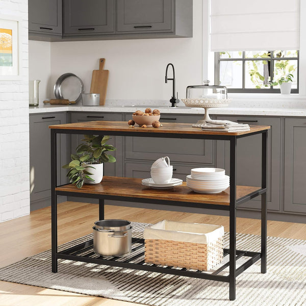 VASAGLE Raft de bucatarie tip insula, cadru de otel cu 3 nivele, stil industrial, 60x120x90cm, maro