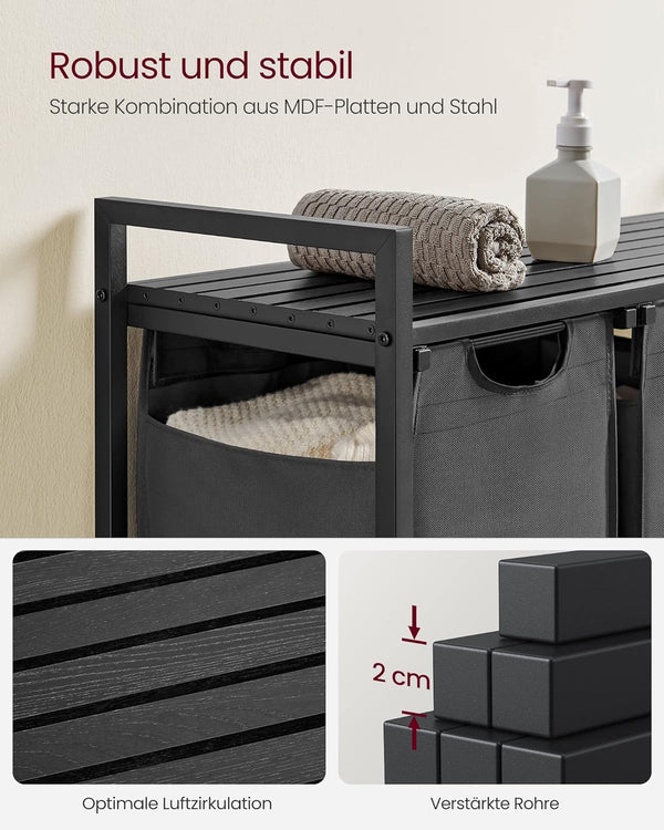 VASAGLE Cos de rufe, 3 compartimente, saci de rufe detasabili, raft, cadru metalic, 3x38L, 93x33x72 cm, negru
