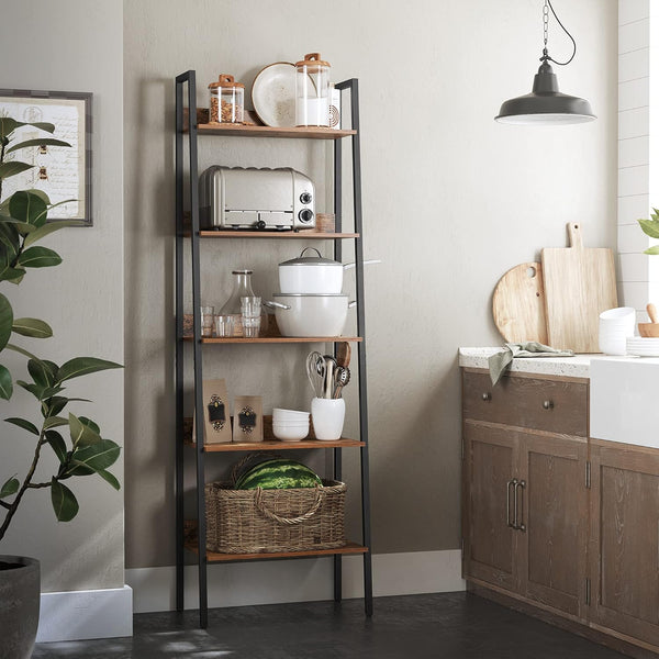 VASAGLE Biblioteca tip scara, cadru otel cu 5 polite, stil industrial, 60x30x170 cm, maro