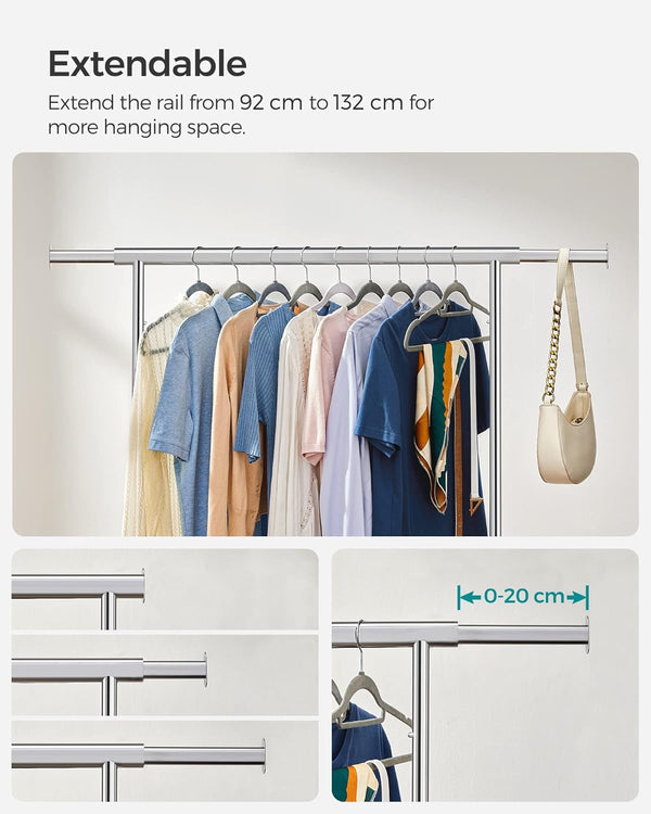 SONGMICS Suport pentru haine cu sina superioara extensibila, pe roti, reglabil pe latime, 45x(92-132)x160cm, inox argintiu