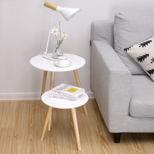 VASAGLE Masa de cafea, set de 2 bucati, picioare din lemn si blat MDF, design minimalist scandinav, 45x50cm si 35x35cm, alb