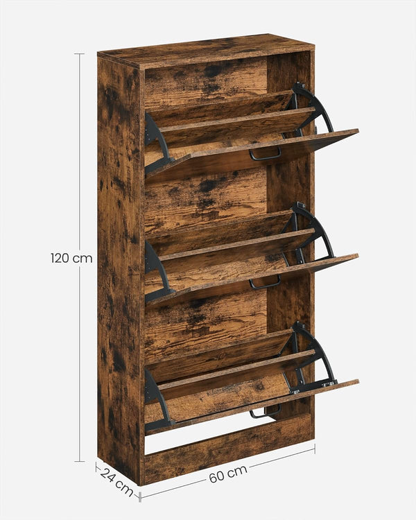 VASAGLE Dulap pantofi cu 3 usi rabatabile, din lemn, pentru 12-18 perechi, 60x24x120cm, maro rustic