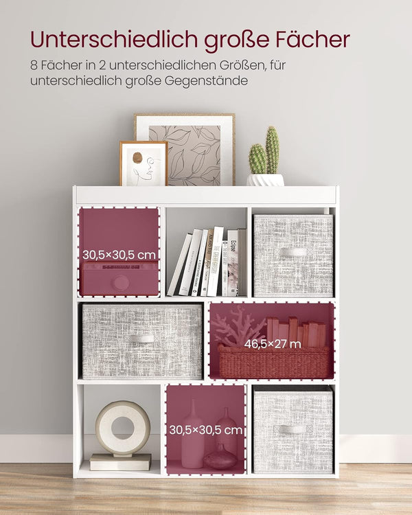 VASAGLE Biblioteca, raft cu 8 unitati de depozitare, pentru living, din lemn, 30x98x100cm, alb