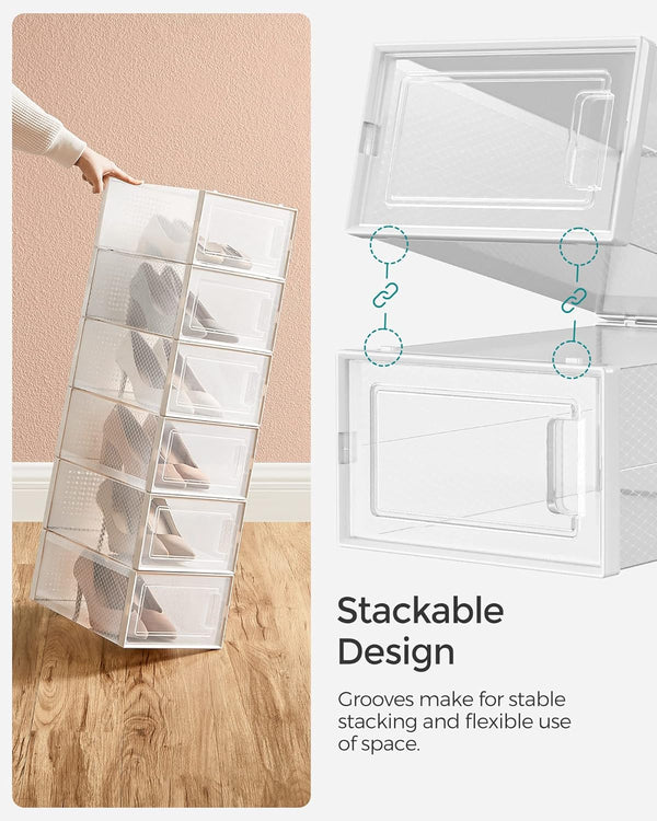 SONGMICS Cutii de pantofi, set de 12 organizatoare stivuibile, structura rezistenta ABS, 34x23x14 cm, transparent