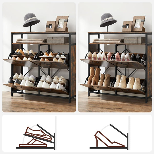 VASAGLE Dulap pantofi din MDF cu ​​4 usi basculante, pentru 12-20 perechi, 98x30x95cm, maro rustic si negru