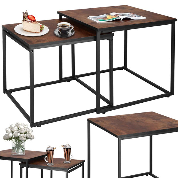 Set 2 mese pentru cafea, cadru otel, stil industrial, 50x50x52 cm si 45x45x47 cm, maro